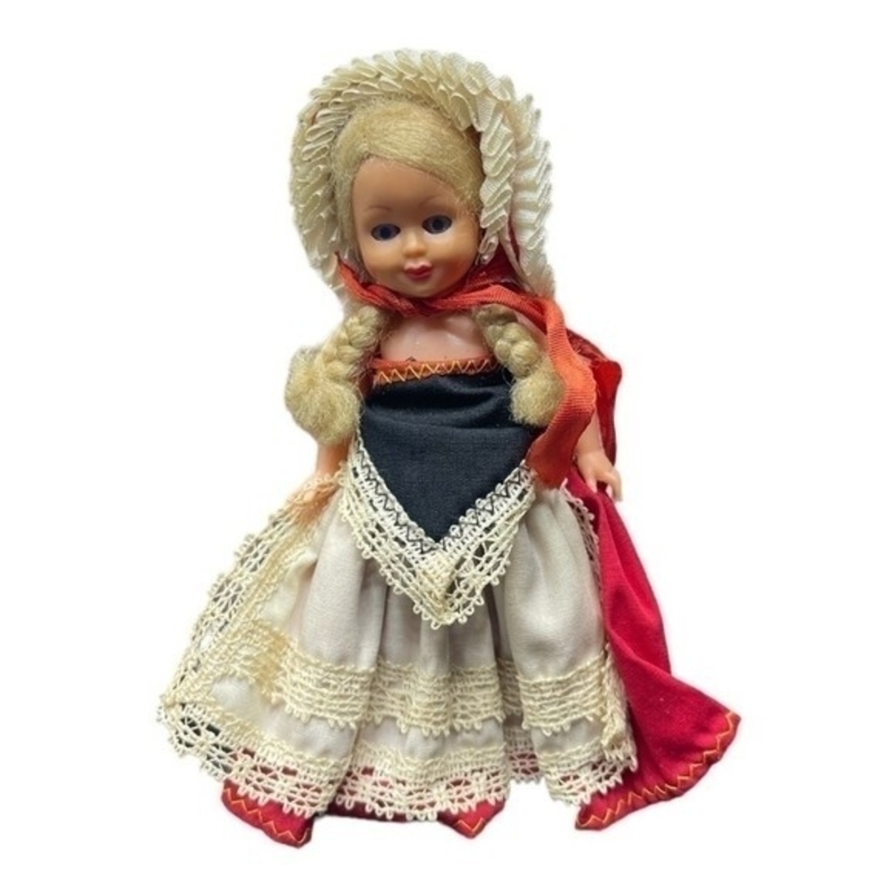 Vintage Danish Little Red Riding Hood Doll Sleeping Eyes Denmark 5.5 Collectible